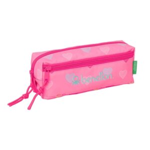 Safta Benetton Heart Portatodo - 3 Compartimentos con Cremalleras - Goma Elastica - 0.98L - 220x60x85mm - Color Rosa
