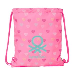 Safta Benetton Heart Saco Plano - Bolsillo con Cremallera - Cierre con Cordones - 5L - Ligero y Portatil - 350x10x400mm - Color Rosa