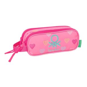 Safta Benetton Heart Portatodo - 2 Compartimentos con Cremalleras - Asa Lateral - 1L - 210x60x80mm - Color Rosa