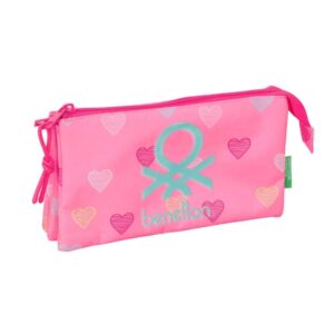 Safta Benetton Heart Portatodo - 3 Compartimentos con Cremalleras - Bolsillo Interior - 0.6L - 220x30x120mm - Color Rosa