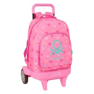 Safta Benetton Heart Mochila con Carro - Bolsillo Frontal - Portabotellas - Hombreras Acolchadas - Asa Acolchada - Tarjeta ID - Ruedas Antivibracion - Base Reforzada - 33L - 330x220x450mm - Color Rosa