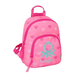 Safta Benetton Heart Mini Mochila - Bolsillo Frontal - Cremallera Doble - Bolsillo Interior Seguro - Bolsillo Trasero - Hombreras Ajustables - Asa Superior - 9.75L - 250x130x300mm - Color Rosa