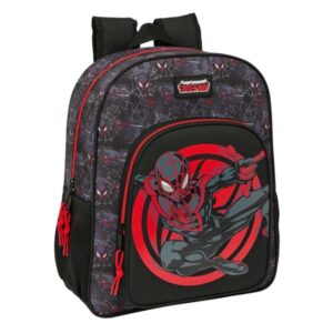 Safta Miles Morales Mochila - Adaptable a Carro - Portabotellas - Tirador Doble - Hombreras Ergonomicas Acolchadas - Bolsillo Frontal - Asa de Mano Superior - 15L - 320x120x380mm - Color Negro y Rojo