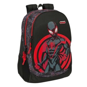 Safta Miles Morales Mochila Adaptable a Carro - Portabotellas - Compartimentos Grandes - Tirador Doble - Hombreras Ergonomicas - Asa de Mano Superior - 23L - 320x160x440mm - Color Negro y Rojo