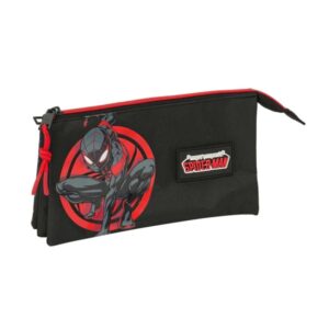 Safta Miles Morales Portatodo - 3 Compartimentos con Cremalleras - Bolsillo Interior - 0.6L - 220x30x120mm - Color Negro y Rojo