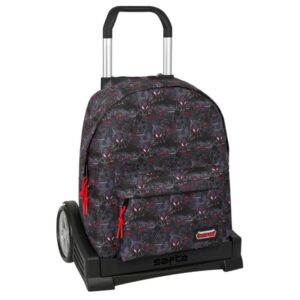 Safta Miles Morales Mochila con Carro - Cremallera - Tirador Doble - Asa Superior - Mochila Extraible - Carro con Ruedas - Ruedas Antivibracion - 20.79L - 330x150x420mm - Color Negro y Rojo