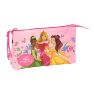 Safta Princesas Disney Portatodo - 3 Compartimentos con Cremalleras - Bolsillo Interior - 0.60L - 220x30x120mm - Color Rosa