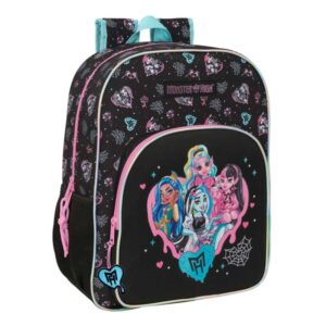 Safta Monster High Mochila Adaptable a Carro - Portabotellas - Tirador Doble - Hombreras Ergonomicas Acolchadas - Bolsillo Frontal - Asa de Mano Superior - 19L - 330x140x420mm - Color Negro