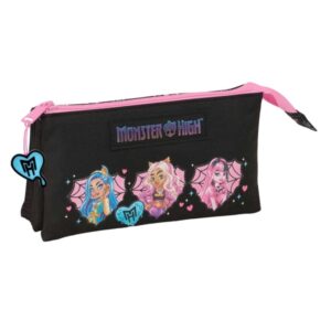 Safta Monster High Portatodo - 3 Compartimentos con Cremalleras - Bolsillo Interior - 0.60L - 220x30x120mm - Color Negro