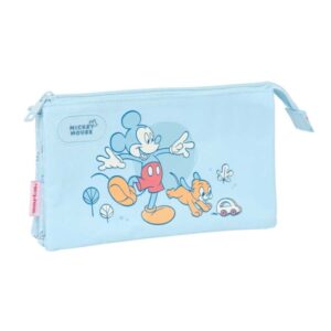 Safta Mickey Mouse Baby Portatodo - 3 Compartimentos con Cremalleras - Bolsillo Interior - 0.6L - 220x30x120mm - Color Azul Claro