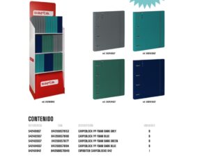 Safta Expositor con 36 Carpetas de 4 Anillas 35mm - Recambio 100 Hojas - Expositor de 3 Estantes - Material PP Foam - 400x380x1900mm - Colores Surtidos