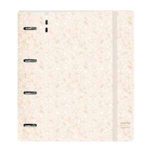 Safta Carpeta con 4 Anillas 35mm - Tapa de Plastico - Recambio 100 Hojas - Cierre Elastico - Incluye Separadores - Ranura para Boligrafo - Solapa Interior - 270x40x320mm - Color Beige