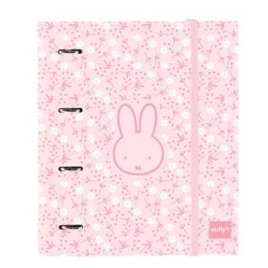 Safta Miffy Flores Carpeta con 4 Anillas 35mm - Tapas Duras Forradas - Recambio 100 Hojas - Cierre Elastico - Cuadricula 5x5mm - Gramaje de 80g/m2 - 270x35x320mm - Color Rosa