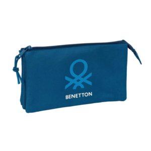 Safta Benetton Basics Marino Portatodo - 3 Compartimentos con Cremalleras - Bolsillo Interior - 0.6L - 220x30x120mm - Color Azul Oscuro