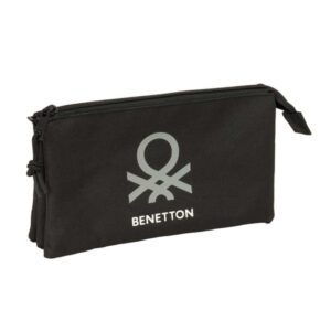 Safta Benetton Basics Portatodo - 3 Compartimentos con Cremalleras - Bolsillo Interior - 0.6L - 220x30x120mm - Color Negro