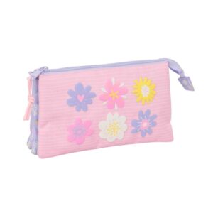 Safta Bouquet Portatodo - 3 Compartimentos con Cremalleras - Bolsillo Interior - 0.6L - 220x30x120mm - Color Rosa Pastel