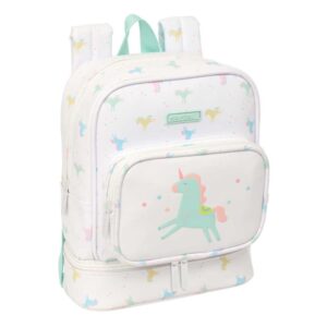 Safta Unicornio Mochila Guarderia - Isotermica - Tarjeta ID - Compartimento Termo - Compatible con Carrito - Asa de Mano - 7.25L - 220x100x270mm - Color Blanco