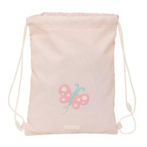 Safta Mariposa Saco Plano - Bolsillo con Cremallera - Cierre con Cordones - 3L - 260x10x340mm - Color Rosa Pastel