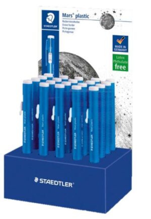 Staedtler Mars Plastic 528 50 Expositor con 20 Portagomas en Forma de Lapiz - Con Cursor para Deslizar la Goma - Sin Ftalatos ni Latex