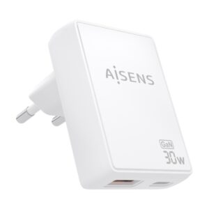 Aisens Cargador GaN Ultra Delgado 30W - 1xUSB-C PD3.0 QC4.0 - 1xUSB-A QC3.0 - Tecnologia AI - Color Blanco