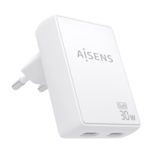 Aisens Cargador GaN Ultra Delgado 30W - 2xUSB-C PD3.0 QC4.0 - Tecnologia AI - Color Blanco