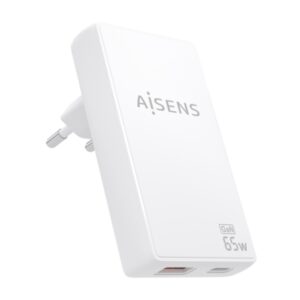 Aisens Cargador GaN Ultra Delgado 65W - 1xUSB-C PD3.0 QC4.0 - 1xUSB-A QC3.0 - Tecnologia AI - Color Blanco