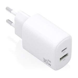 Aisens Cargador GaN 30W - 1xUSB-C PD3.0 QC4.0 - 1xUSB-A QC3.0 - Tecnologia AI - Color Blanco