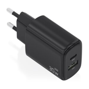 Aisens Cargador GaN 30W - 1xUSB-C PD3.0 QC4.0 - 1xUSB-A QC3.0 - Tecnologia AI - Color Negro