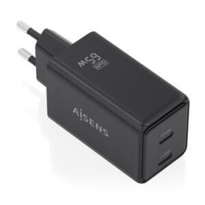 Aisens Cargador GaN 65W - 2xUSB-C PD3.0 QC4.0 - Tecnologia AI - Color Negro