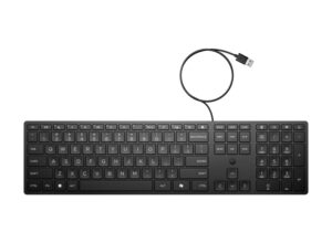 HP 320K Teclado USB - Teclas Silenciosas de Bajo Perfil 2.0 mm - Tecla Copilot IA - LED de Bloq Mayus/Bloq Num - Inclinacion Ajustable 0‑6° - Fabricado con 75% Plastico Reciclado - Color Negro