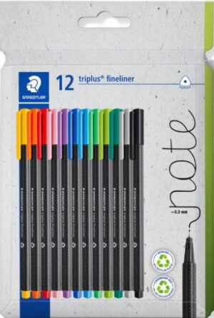 Staedtler Triplus Fineliner 334 Pack de 12 Rotuladores de Punta Fina - Trazo de 0.3mm aprox. - Tinta Antisecado a Base de Agua - Carcasa Fabricada en un 97% de Plastico Reciclado - Colores Surtidos