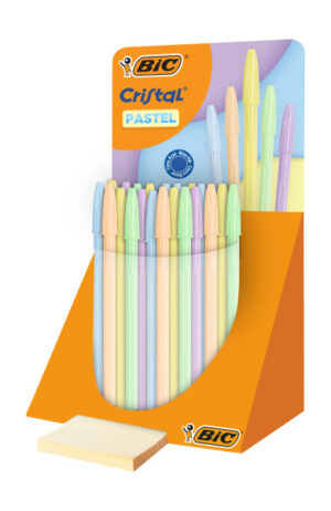 Bic Cristal Pastel Expositor con 40 Boligrafos de Bola - Cuerpo Opaco en Colores Pastel - Punta redonda de 1mm - Trazo 0.4mm - Tinta con Base de Aceite - Color de la Tinta Azul