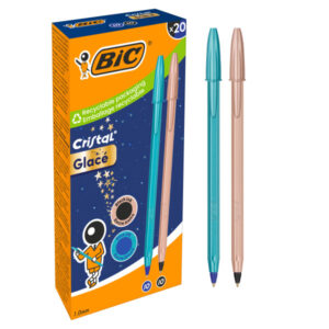 Bic Cristal Glace Pack con 20 Boligrafos de Bola - Cuerpo Opaco en Color Azul Metalizado Mate y Cobre Mate - Punta Redonda de 1mm - Trazo 0.4mm - Tinta con Base de Aceite - Color de la Tinta 10x Azul, 10x Negro