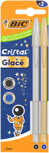Bic Cristal Glace Pack con 2 Boligrafos de Bola - Cuerpo Opaco en Colores Metalizados Mate - Punta Redonda de 1mm - Trazo 0.4mm - Tinta con Base de Aceite - Color de la Tinta Azul y Negro