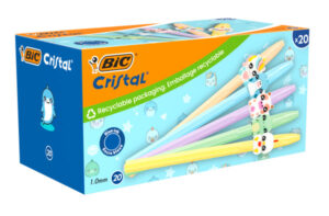 Bic Cristal Pastel Figurines Pack con 20 Boligrafos de Bola - Cuerpo Opaco en Colores Pastel con Figuras de Animales - Punta Redonda de 1mm - Trazo 0.4mm - Tinta con Base de Aceite - Color de la Tinta Azul