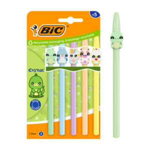 Bic Cristal Pastel Figurines Pack con 5 Boligrafos de Bola - Cuerpo Opaco en Colores Pastel con Figuras de Animales - Punta Redonda de 1mm - Trazo 0.4mm - Tinta con Base de Aceite - Color de la Tinta Azul
