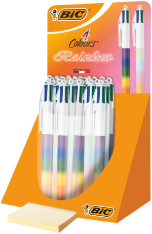 Bic 4 Colours Rainbow Expositor con 30 Boligrafos de Bola Retractil - Punta Media de 1.0mm - Tinta con Base de Aceite - Cuerpo en Varios Colores - 4 Colores de Tinta
