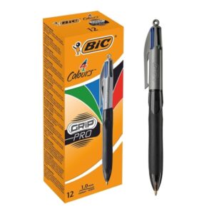 Bic 4 Colours Grip Pro Boligrafo de Bola Retractil - Punta de 1mm - Trazo de 0.4mm - Tinta con Base de Aceite - Cuerpo Negro con Grip de Agarre - 4 Colores
