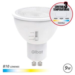 Elbat Bombilla LED GU10 - 9W - 810Lm - Selector de Luz - Calida 3000K, Blanca 4000K y Fria 6500K