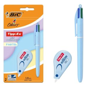 Bic 4 Colours Pastel Pack con 1 Boligrafo de Bola Retractil 4 Colores + Corrector Tipp-Ex Mini Pocket Mouse Pastel 5mmx6m - Punta Media de 1.0mm - Tinta con Base de Aceite - Cuerpo en Color Pastel - 4 Colores de Tinta