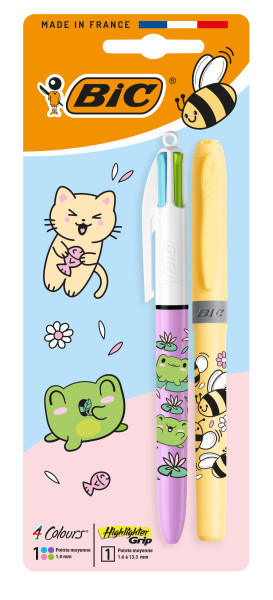 Bic 4 Colours Decors Kawaii Pack con 1 Boligrafo de Bola Retractil Pastel + 1 Marcador Highlighter Grip Pastel de Color Aleatorio - Punta Media de 1.0mm - Tinta con Base de Aceite - Cuerpo Decorado con Dibujos Kawaii - Colores Surtidos
