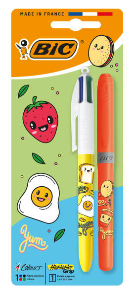 Bic 4 Colours Decors Kawaii Pack con 1 Boligrafo de Bola Retractil + 1 Marcador Highlighter Grip Fluor de Color Aleatorio - Punta Media de 1.0mm - Tinta con Base de Aceite - Cuerpo Decorado con Dibujos Kawaii - Colores Surtidos