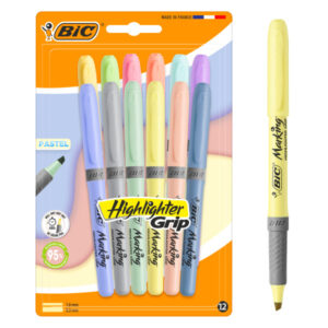 Bic Highlighter Grip Pastel Pack con 12 Marcadores Fluorescentes Pastel - Punta Biselada - Trazo entre 1.60 y 3.30 mm - Grip Texturizado - Colores Surtidos