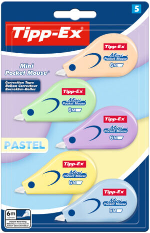Tipp-Ex Mini Pocket Mouse Pastel Pack con 5 Cintas Correctoras 5mm x 6m - Resistente - Escritura Instantanea