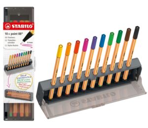 Stabilo Point 88 Set de Mesa con 10 Rotuladores de Punta de Fibra - Trazo de 0.4mm aprox. - Tinta con Base de Agua - Colores Surtidos