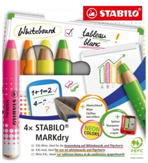 Stabilo MARKdry Neon Pack de 4 Marcadores para Pizarra + Sacapuntas + Paño de Limpieza - Mina XXL de 10mm - Madera 100% Certificada PRFC - Colores Neon Surtidos