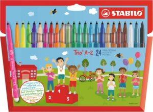 Stabilo Trio A-Z Pack con 24 Rotuladores de Punta Fina de Fibra - Trazo 0.7mm - Tinta Lavable - Zona de Agarre Triangular - Colores Surtidos