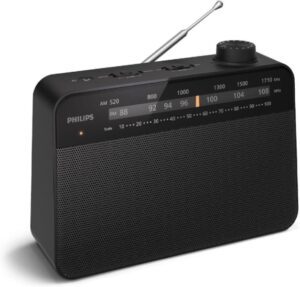 Philips TAR2509 Radio Portatil FM/AM - Altavoz 3.5” de Sonido Claro - Alimentacion por Pilas D o CA - Control de Tono - Sintonizacion Analogica con Indicador LED - Puerto Auriculares 3.5mm
