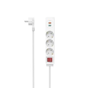 Hama Regleta Alimentacion con 5 Tomas - Potencia Maxima 3680W - Cable 1.4m - 3x Schuko - 1x USB-C - 1x USB-A - Interruptor de Encendido - Enchufe Schuko en Angulo - 4.2x4x23.7cm - Color Blanco