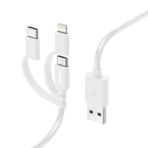Hama Cable de Carga USB 3 en 1 - Terminales Intercambiables - Longitud 1m- USB-A - USB-C - Micro-USB - Lightning - Velocidad hasta 480Mbps - Niquelado - Color Blanco